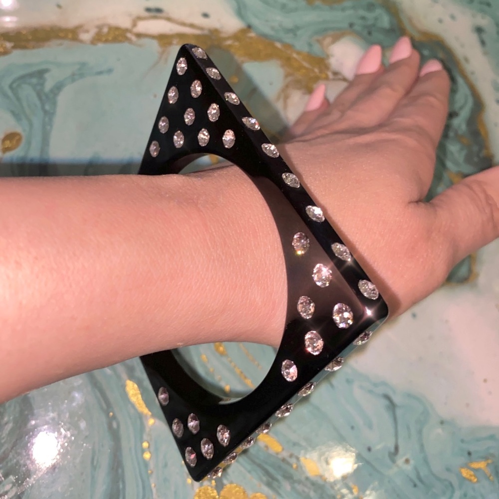 Black Acrylic Bangle Bracelet, Geometric Shaped, Swarovski Crystal Rhinestones